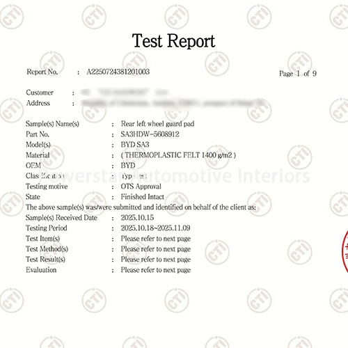 Auditing & certification-Rear left wheel guard pad